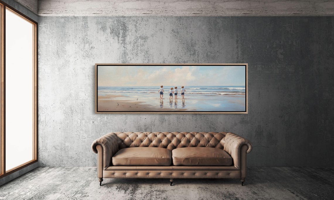 Four Children On Beach At Water Edge Soft Blue Ocean Scene Poster - Image 4