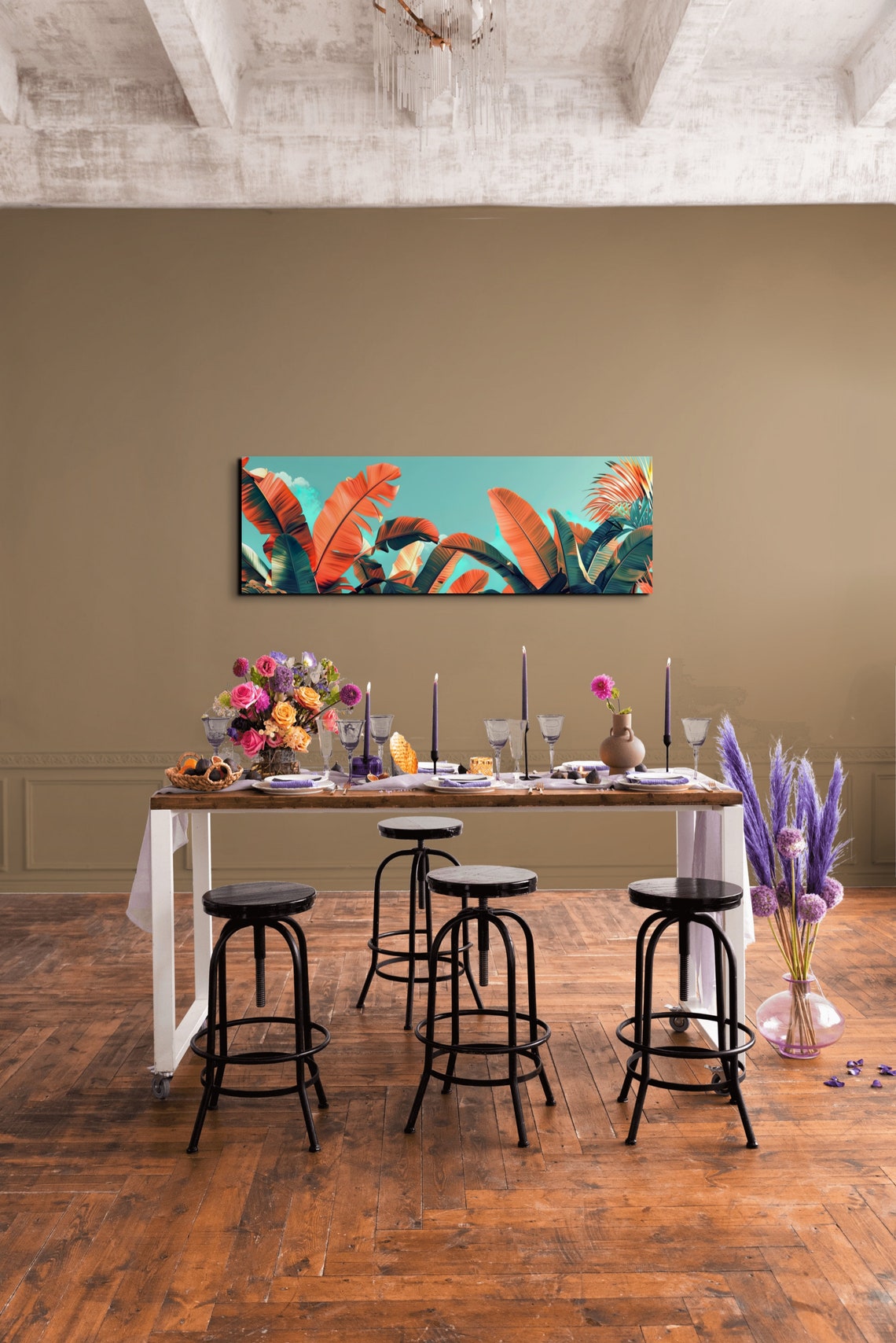 Burnt Orange Banana Leaves Against a Teal Sky Panoramic Poster - Image 4