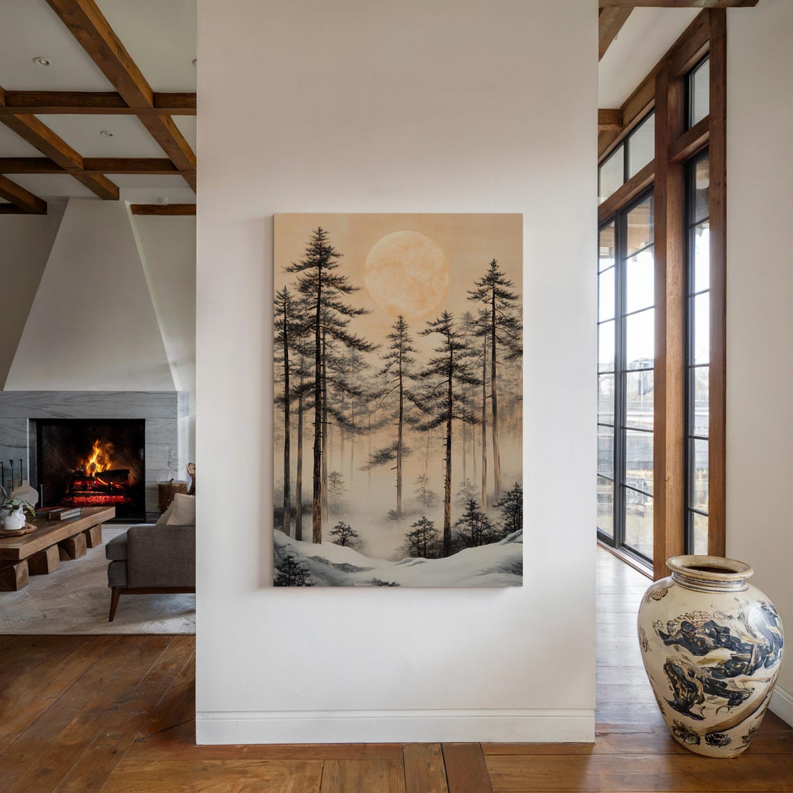 Misty Winter Pine Forest Golden Full Moon Snowy Cabin Poster