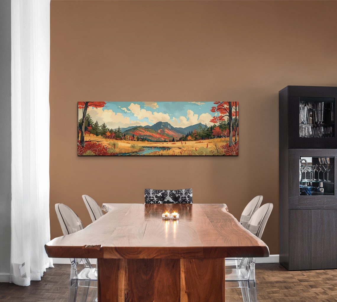 Autumn Mountain Valley River Vintage Style Panorama Wall Art - Image 6