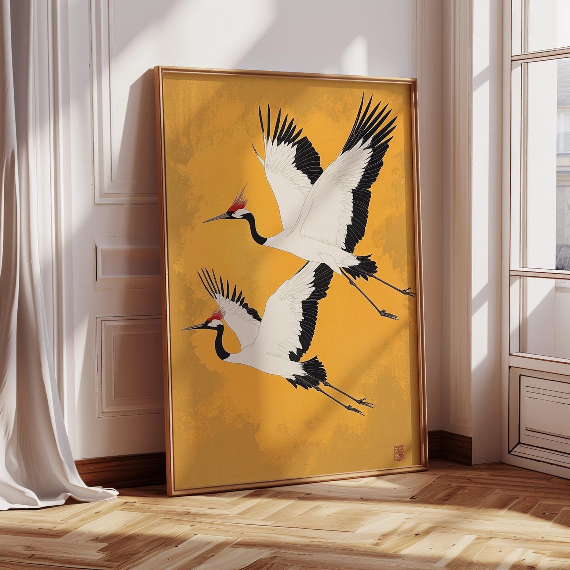 Pair of Red Crowned Cranes Soaring on Gold Japanese Art Poster