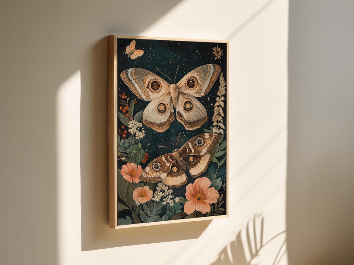 Mystical Eyed Moths And Flowers On Dark Starry Night Botanical Poster - Image 4