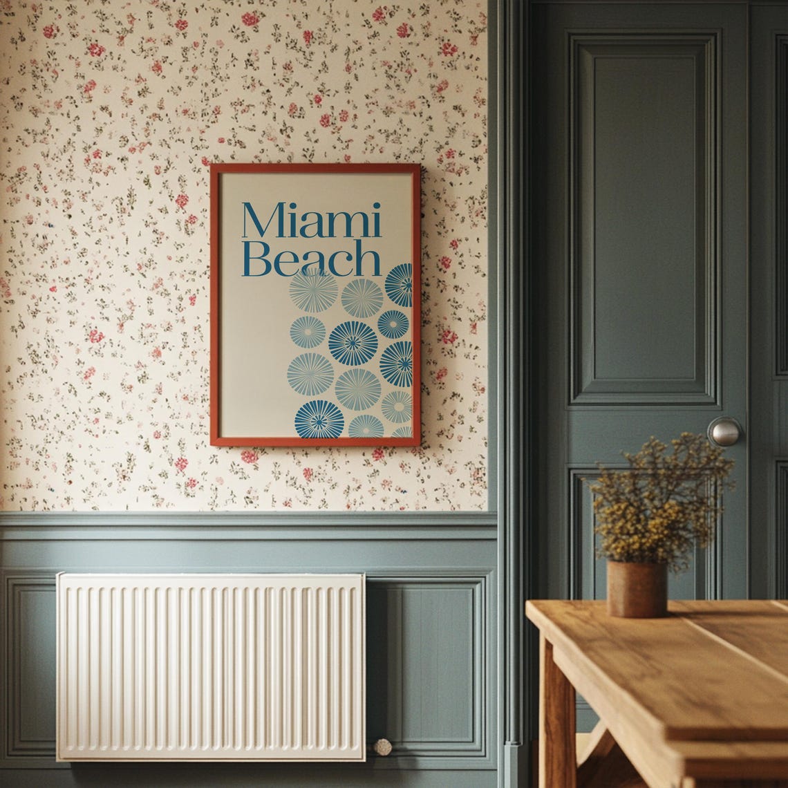 Miami Beach Modern Coastal Typography Blue Sunburst Wall Poster