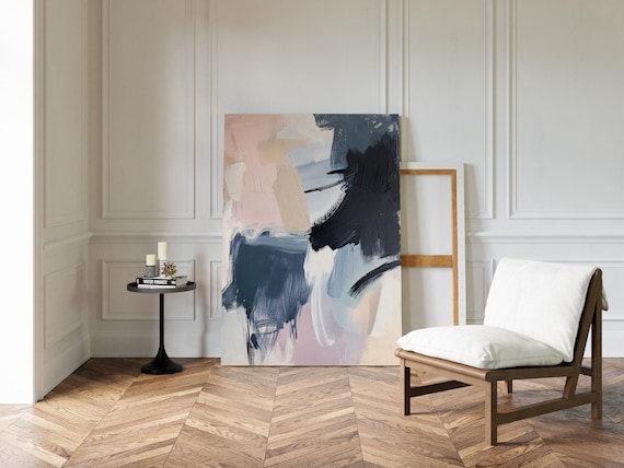Blush Navy Beige Abstract Canvas Art Modern Neutral Brushstroke Painting For Minimalist Living Room Or Office Wall Decor