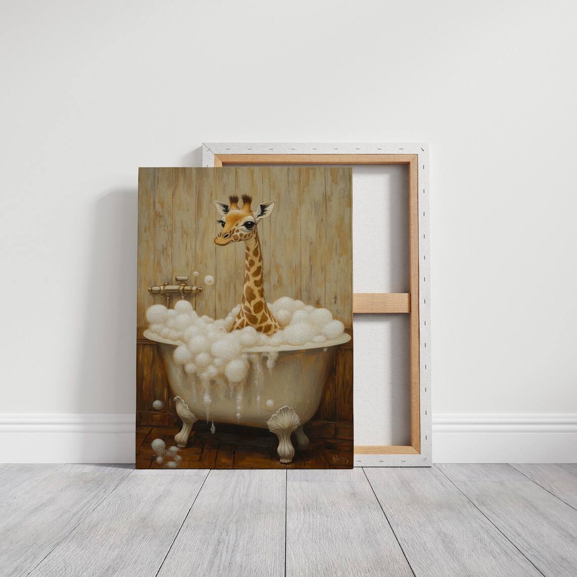 Baby Giraffe in Clawfoot Bathtub with Bubbles Cute Whimsical Animal Poster - Image 6