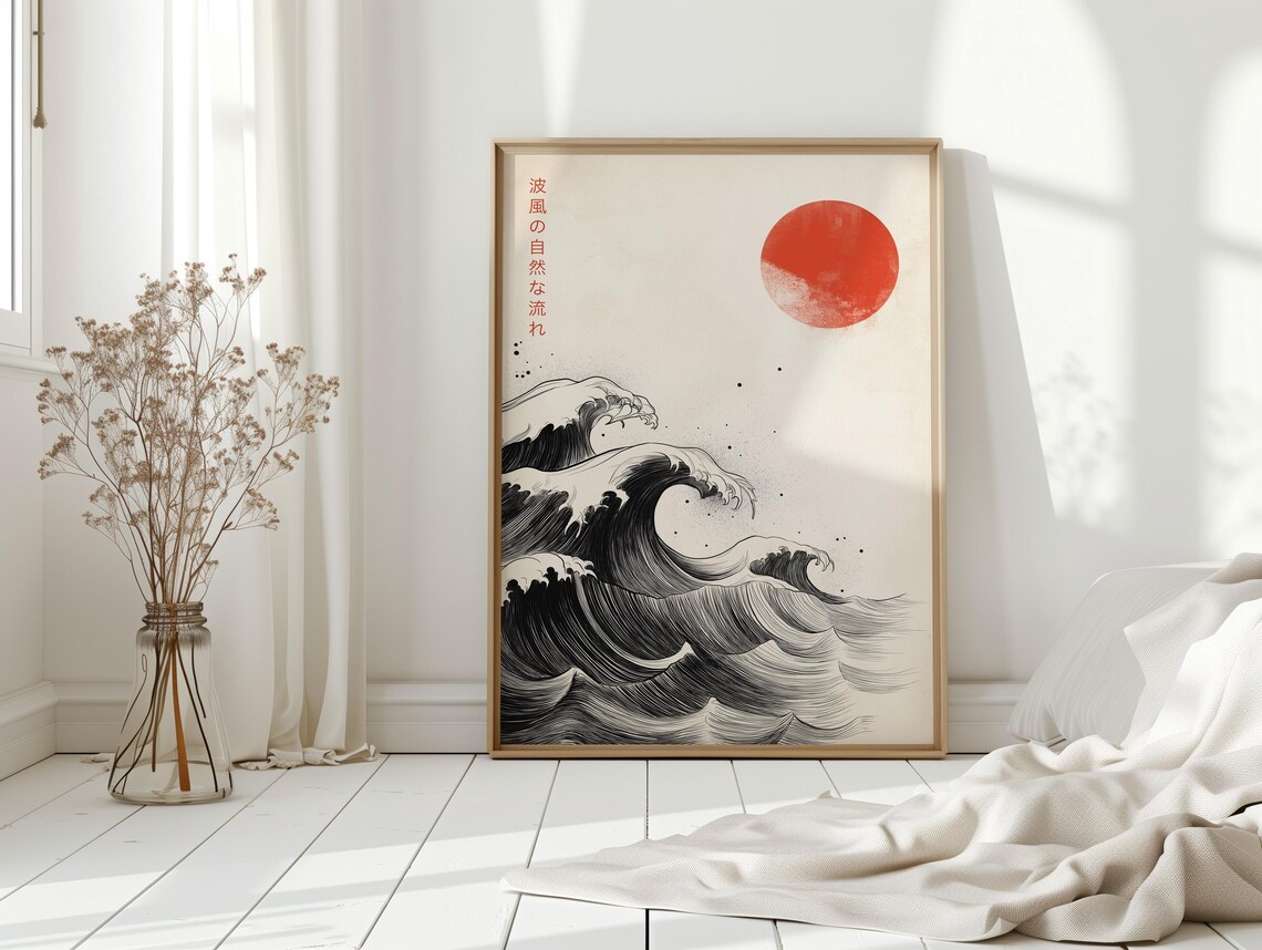Japanese Wave and Red Sun, Minimalist Ocean Art Print - Image 4