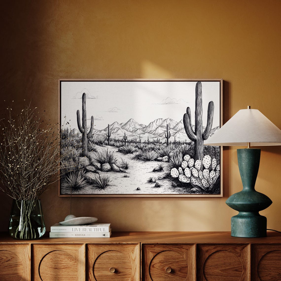 Black and White Ink Drawing of a Saguaro Desert Landscape Poster - Image 3