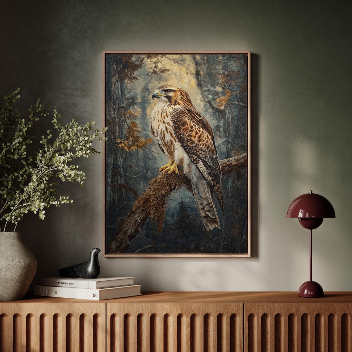 Hawk Perched on Branch in Misty Autumn Forest Wildlife Art Poster - Image 7