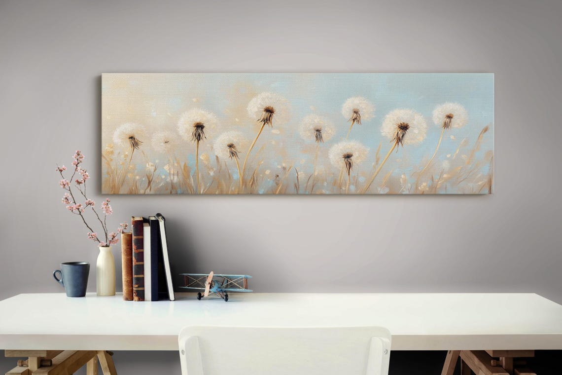 White Dandelion Field Soft Neutral Panoramic Floral Wall Poster - Image 4