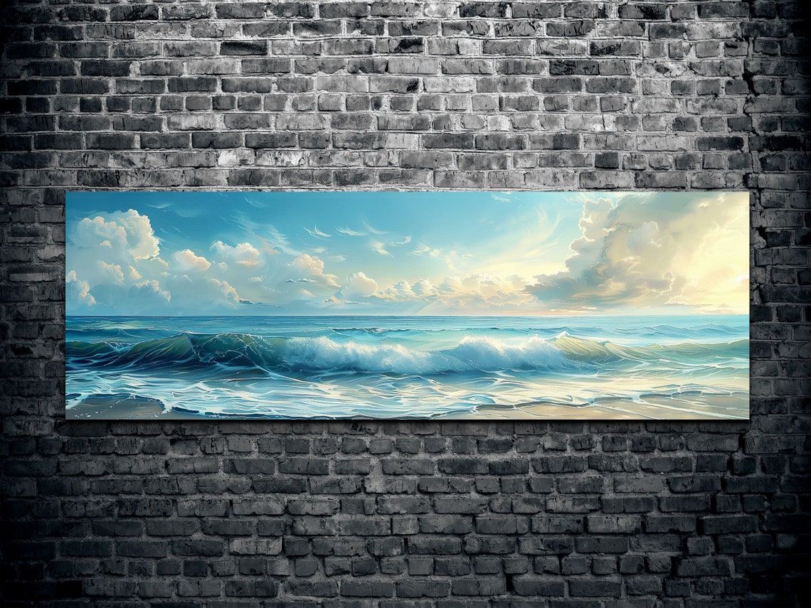 Sunlit Ocean Waves Breaking On Sandy Beach Seascape Art Poster - Image 2