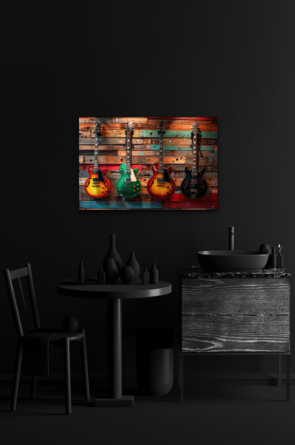 Colorful Electric Guitars On Rustic Wood Planks Music Room Wall Art - Image 4