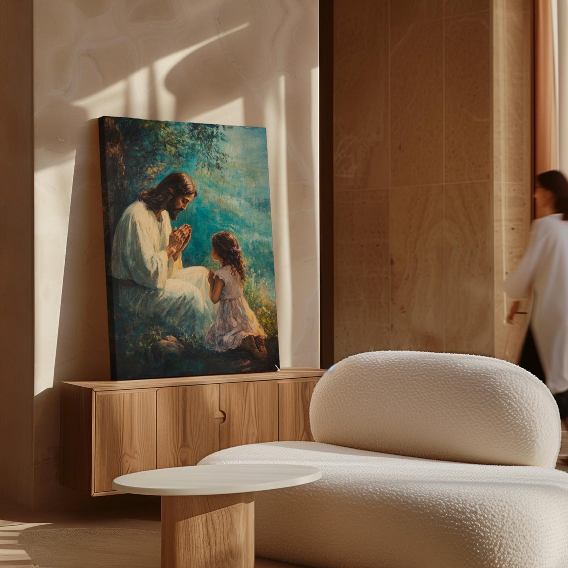 Jesus Kneeling in Prayer With a Little Girl in a Quiet Garden Poster - Image 7