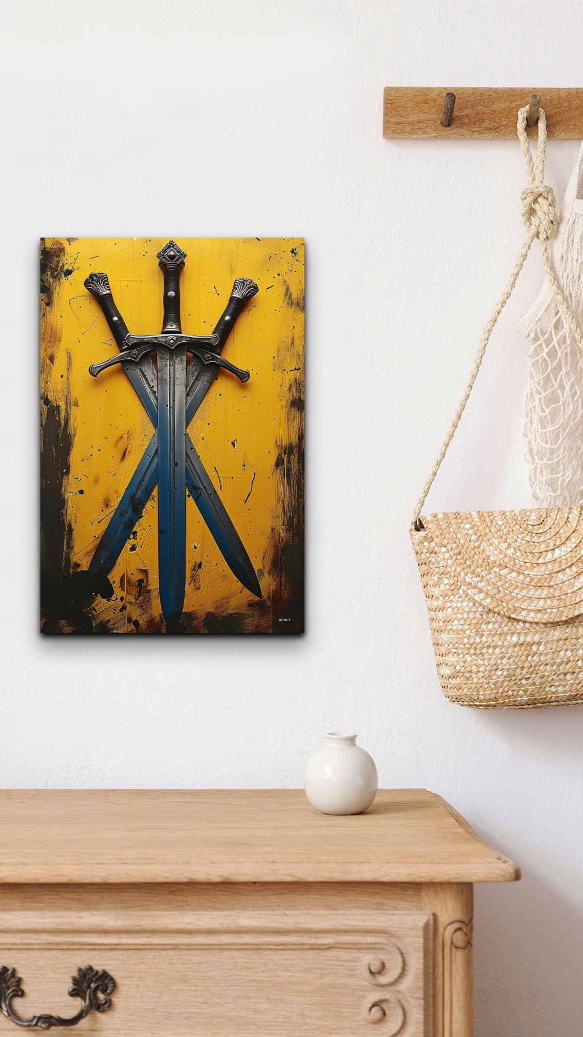 Three Crossed Medieval Swords Yellow Background Warrior Poster - Image 5