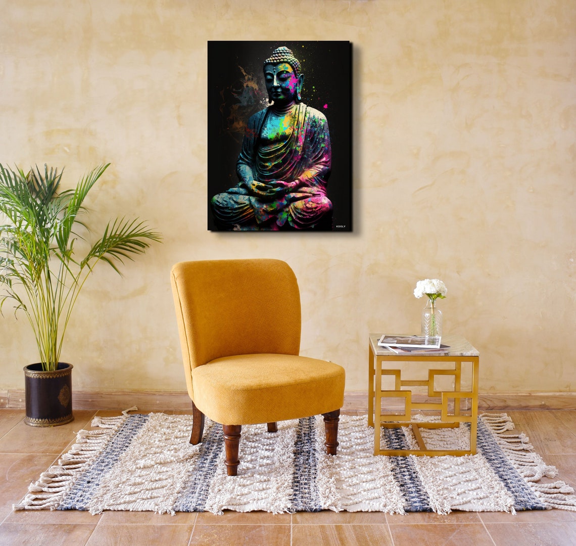 Buddha Statue Colorful Neon Paint Splatter Meditation Art Poster - Image 4