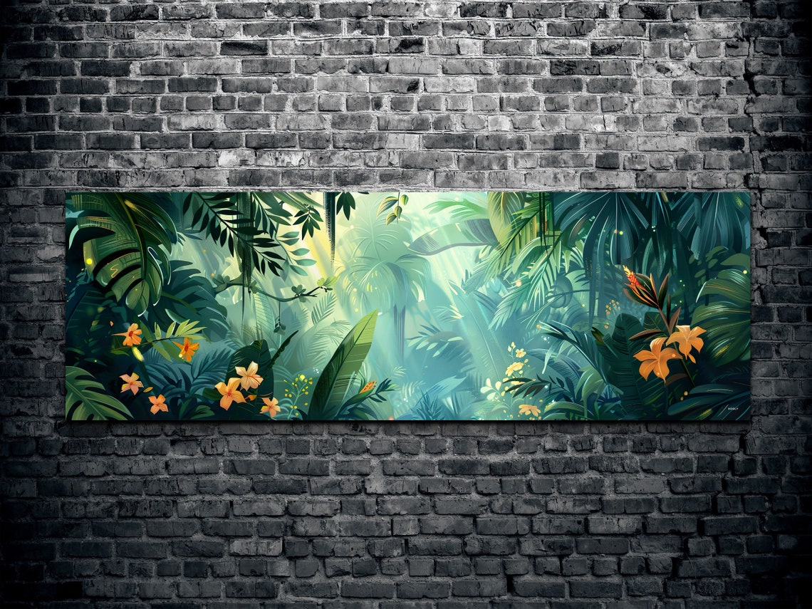 Tropic Botanical Floral Sce Mid Century Modern Wall Art Panoramic Botanical Art Floral Wall Art Tropical Art - Image 2