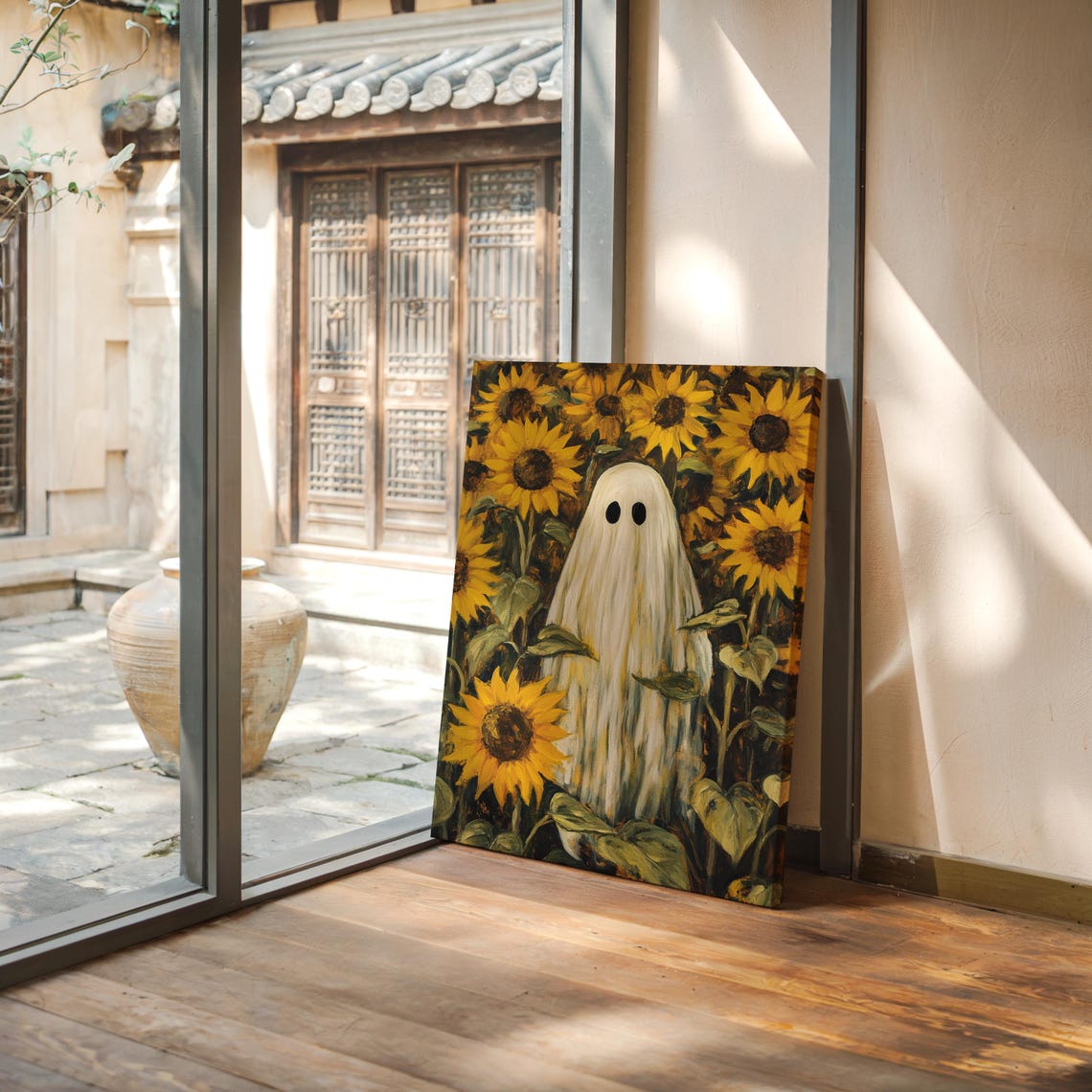 Whimsical Ghost In Sunflower Field Spooky Halloween Vintage Art Poster - Image 3