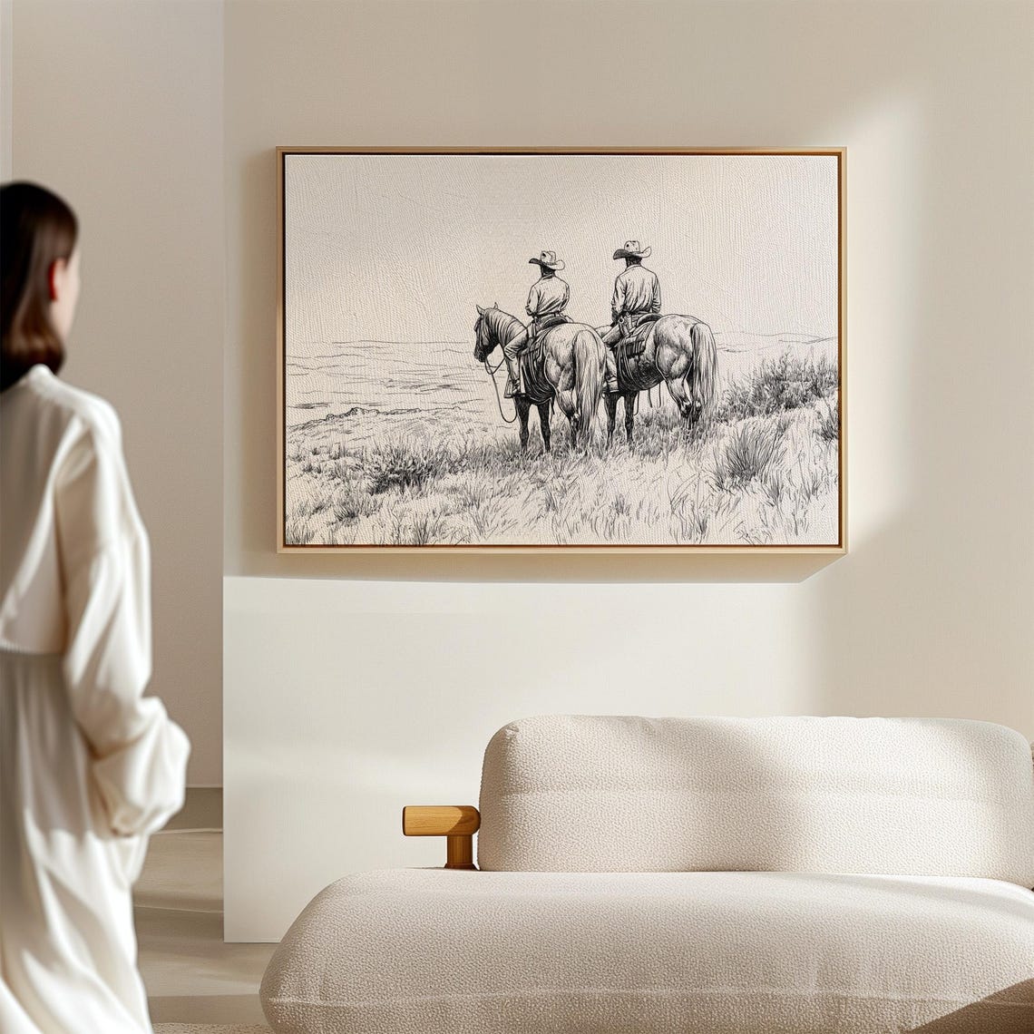 Cowboys On Horseback Art Western Line Art Rustic Ranch Decor Black And White Cowboy Drawing - Image 2