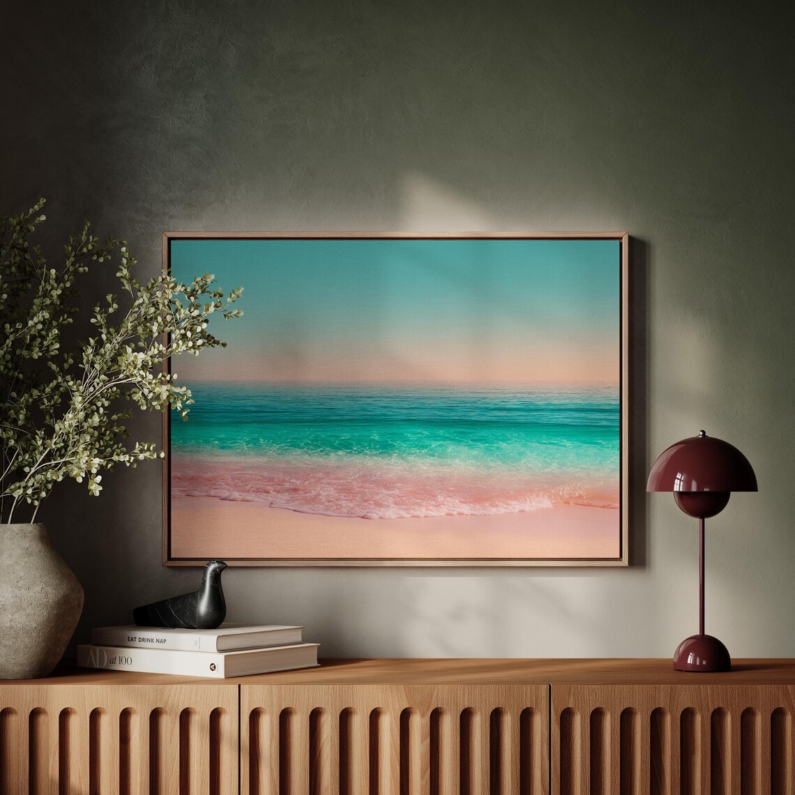 Pink Sand Beach Turquoise Ocean Horizon Minimal Coastal Photography Poster