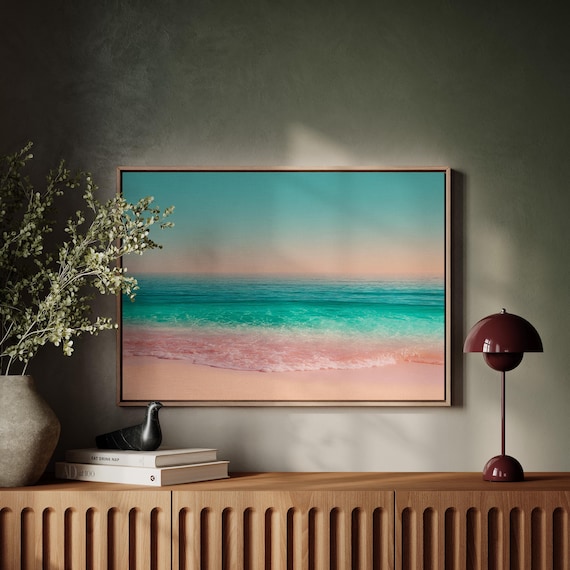 Pink Sand Beach Turquoise Ocean Horizon Minimal Coastal Photography Poster