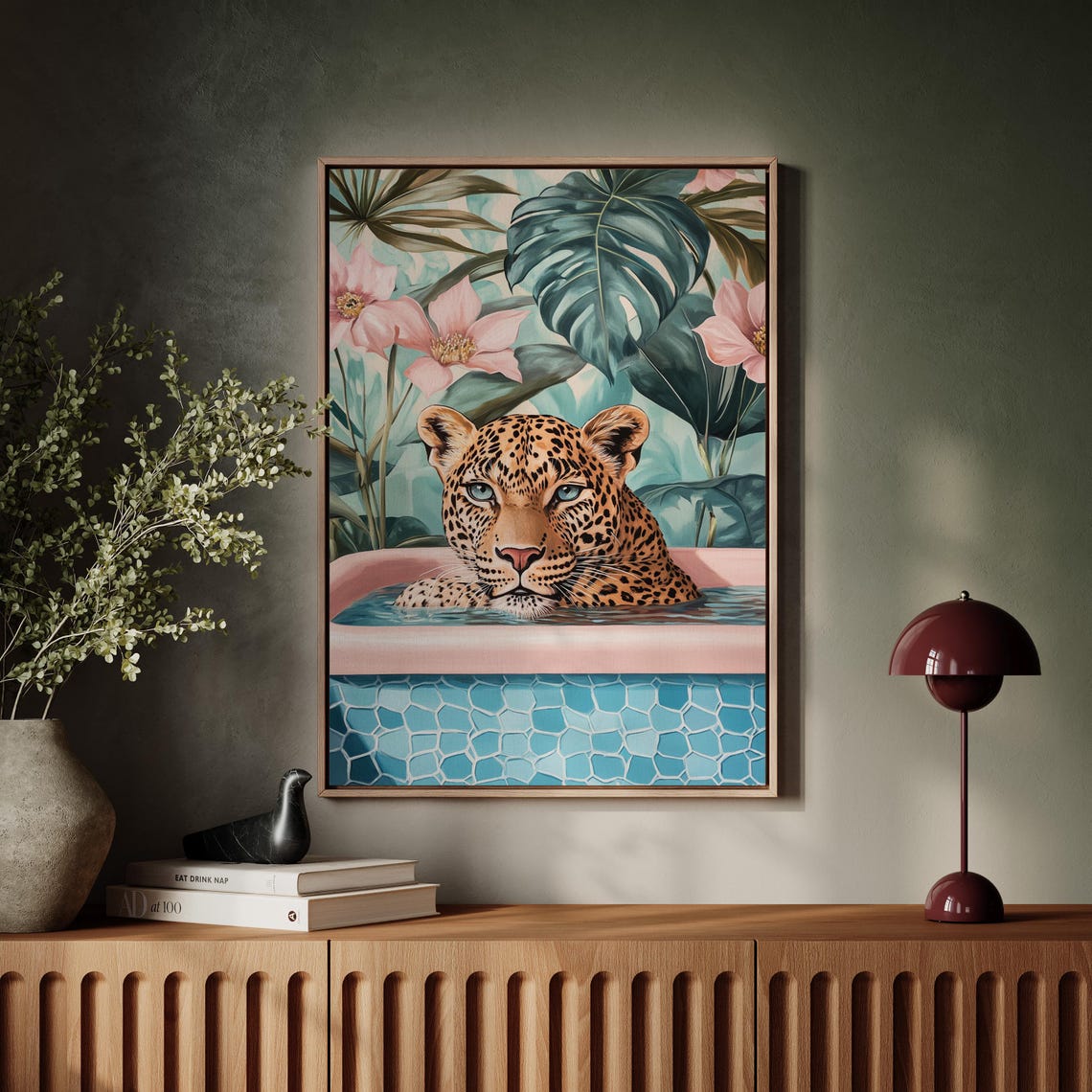 Leopard Bathing Tropical Pool Floral Jungle Whimsical Art Poster - Image 7
