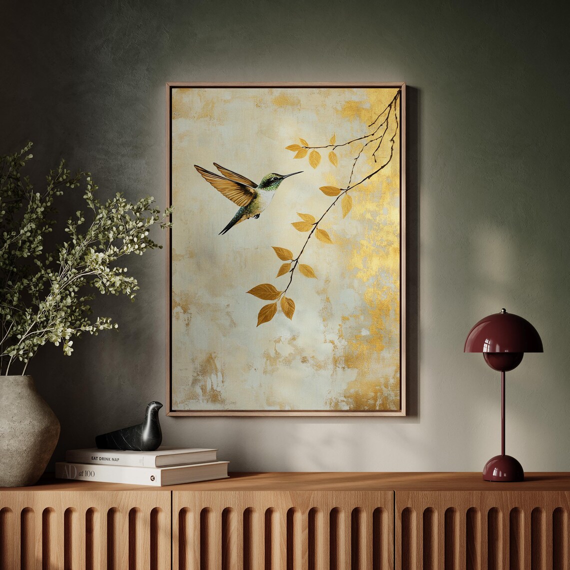 Hummingbird and Gold Leaf Minimalist Nature Art Print - Image 5