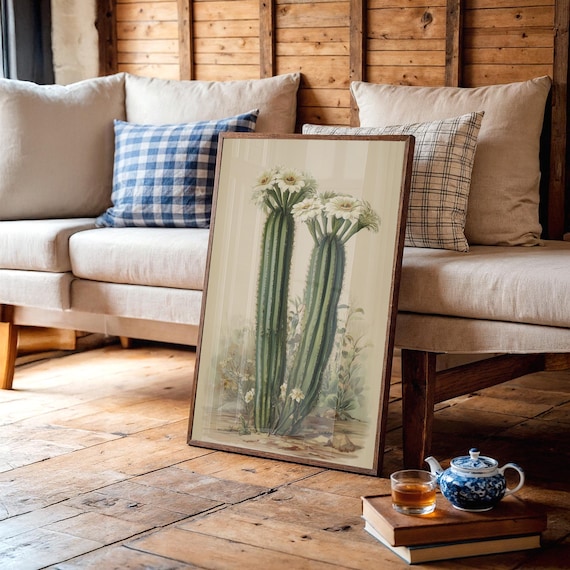 Vintage Classic Botanical Cactus With White Desert Blooms Poster