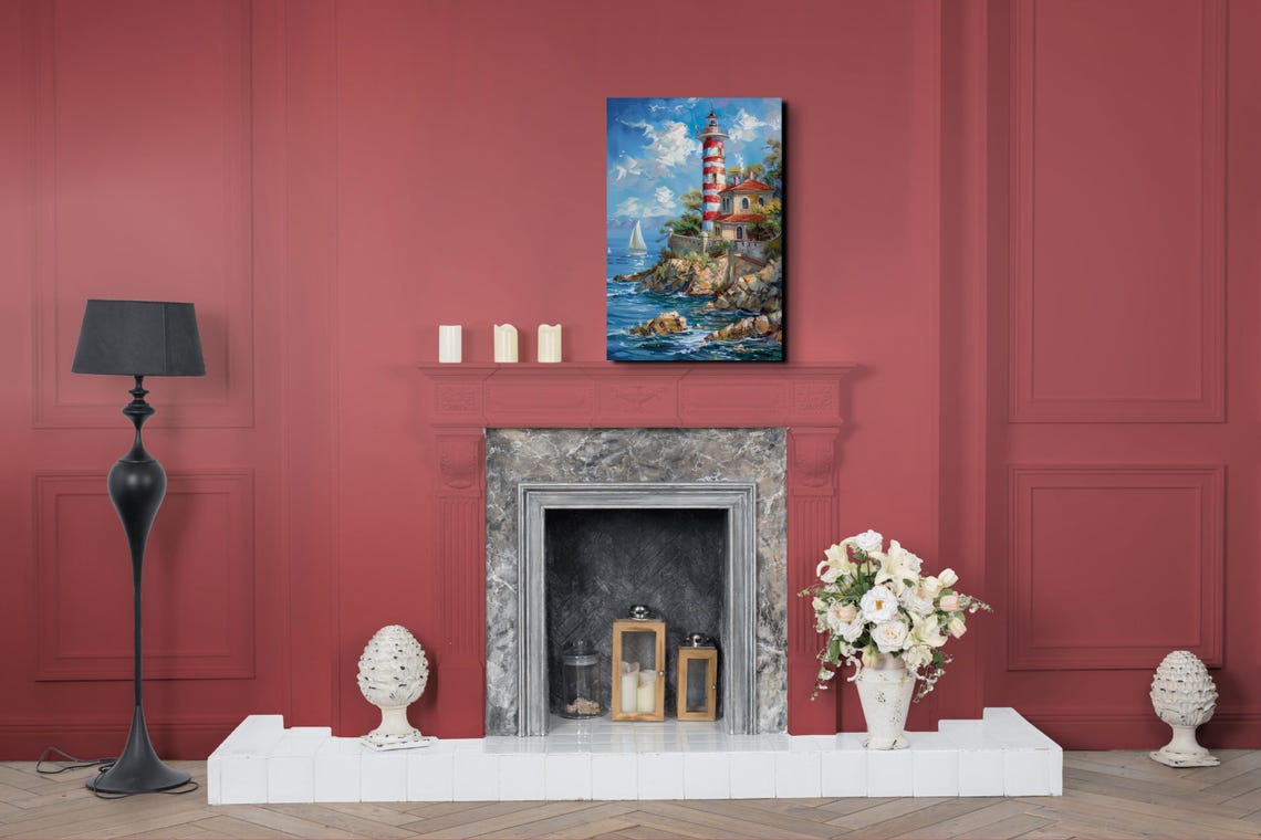 Striped Lighthouse on Rocky Cliff With Sailboats Seaside Poster - Image 4
