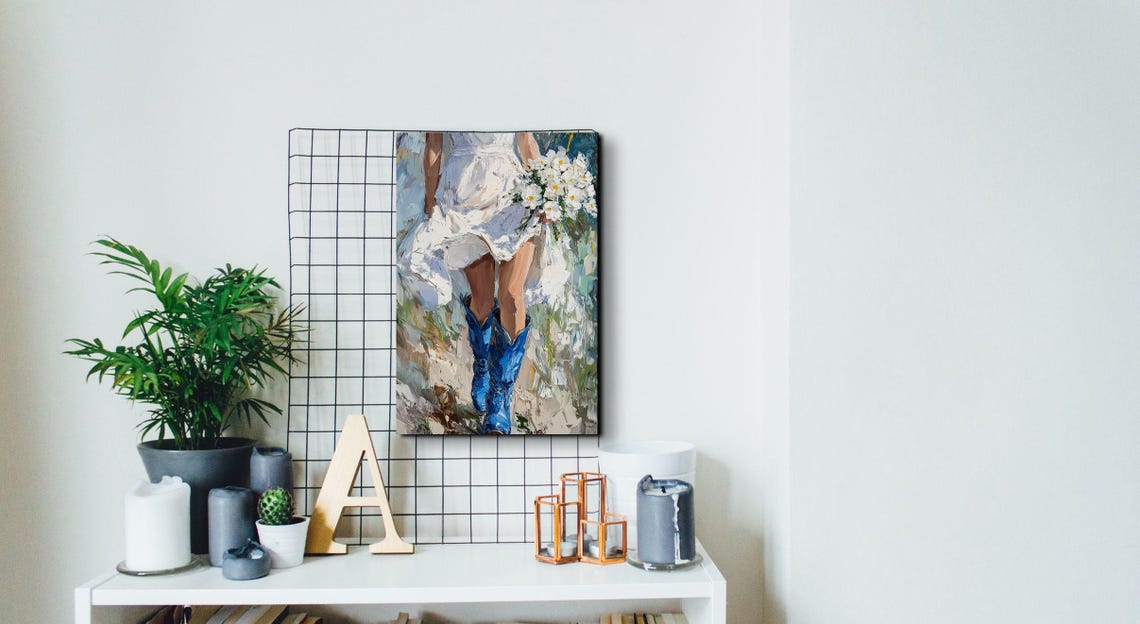 Bride Blue Cowboy Boots Daisy Bouquet Western Wedding Art Poster - Image 4