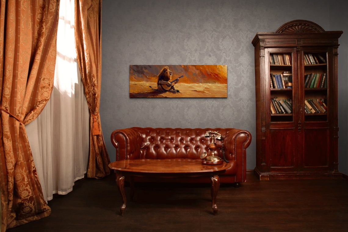 Lion Strumming Guitar In Blazing Orange Desert Sunset Panoramic Poster - Image 3