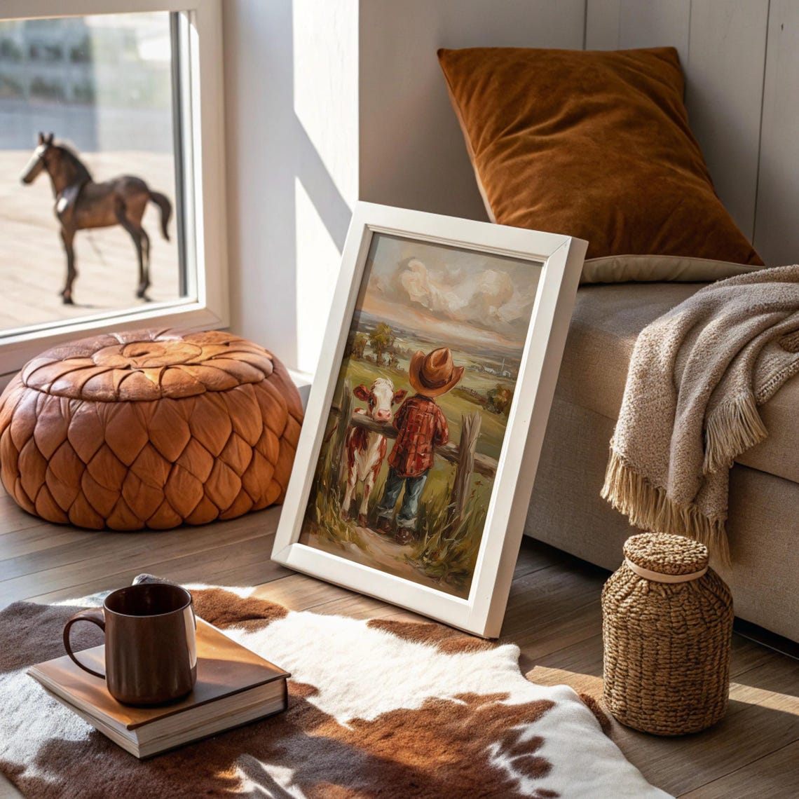 Young Cowboy and Calf Poster Country Farm Scene Pastel Painting