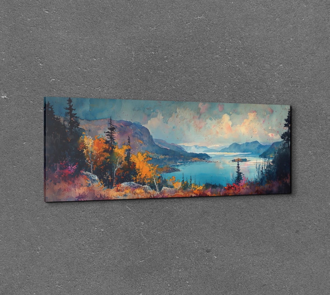 Panoramic Watercolor Mountain Lake Autumn Foliage Landscape Poster - Image 3