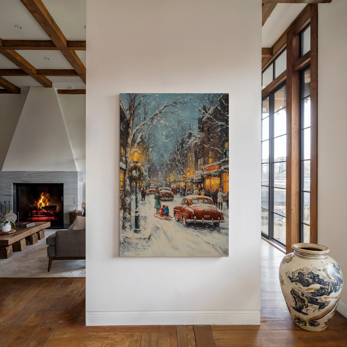 Vintage Winter Street Scene Snowy Christmas Retro Cars Holiday Poster - Image 5