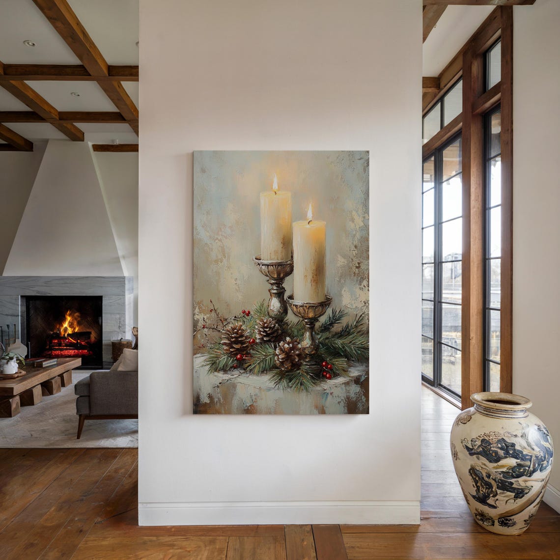 Lit Christmas Candles With Pinecones Berries Still Life Poster - Image 5
