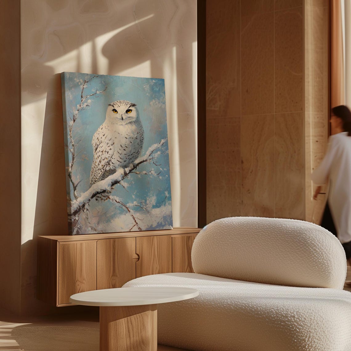 White Snowy Owl on Snowy Branch Against Pale Blue Sky Art Print - Image 7