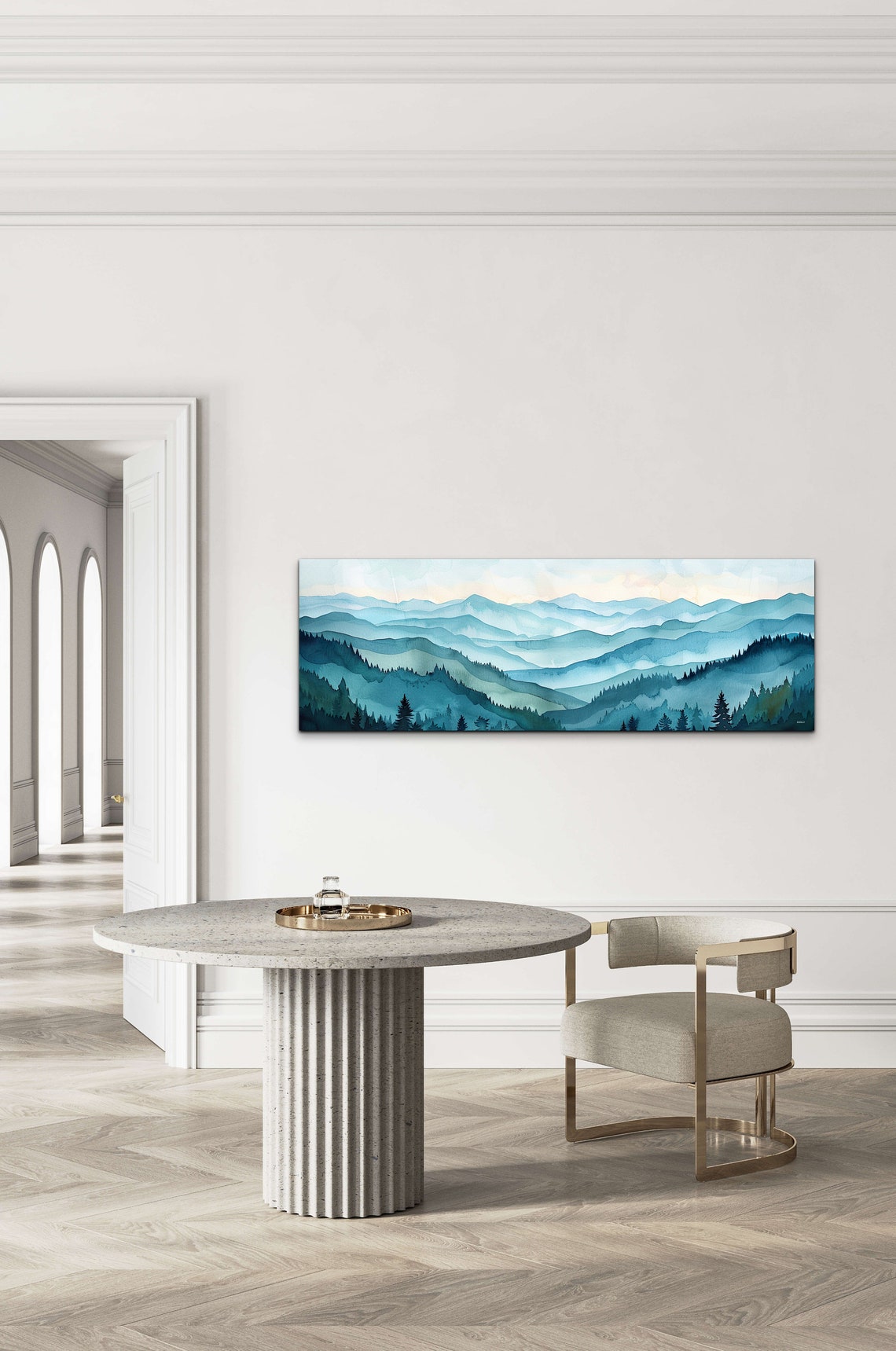 Blue Watercolor Mountain Ranges Misty Panorama Landscape Poster - Image 6