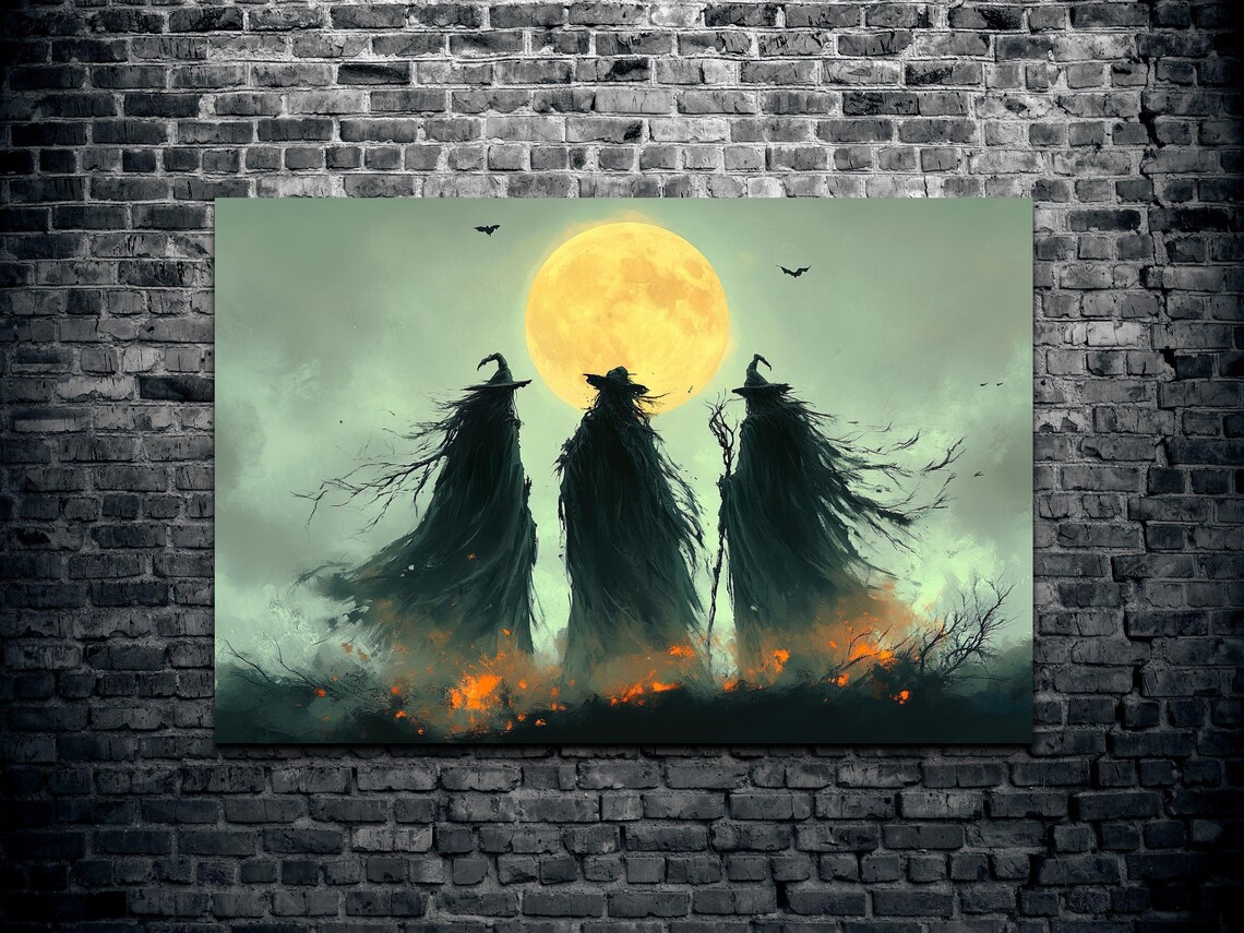 Three Witches Silhouetted Against a Giant Full Moon With Bats and Embers Poster - Image 2