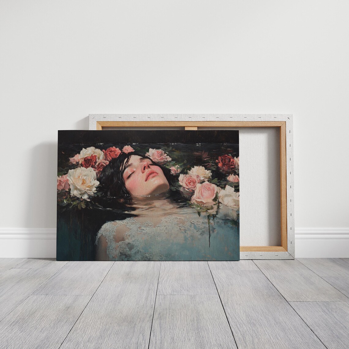 Serene Woman Floating Among Roses in Dark Still Water Art Poster - Image 6