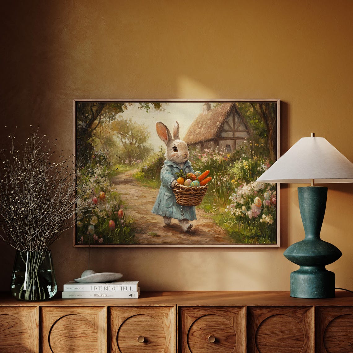 Bunny in Blue Coat Carrying Harvest Basket Toward Cottage Poster