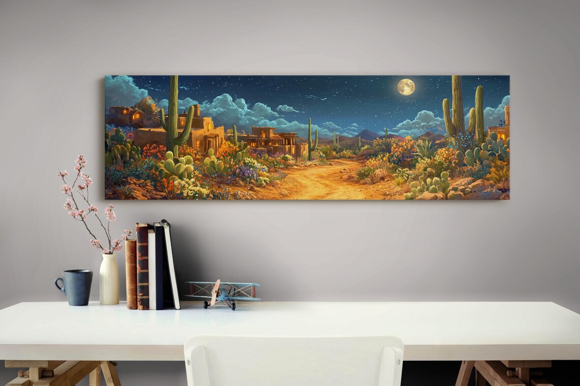 Desert Night, Full Moon Over Cactus Landscape - Image 3