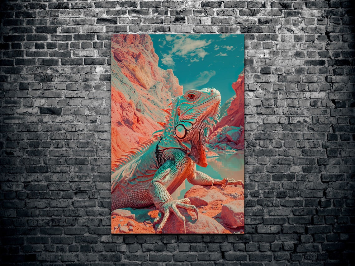 Vibrant Teal Orange Iguana Desert Rock Wildlife Reptile Poster - Image 2