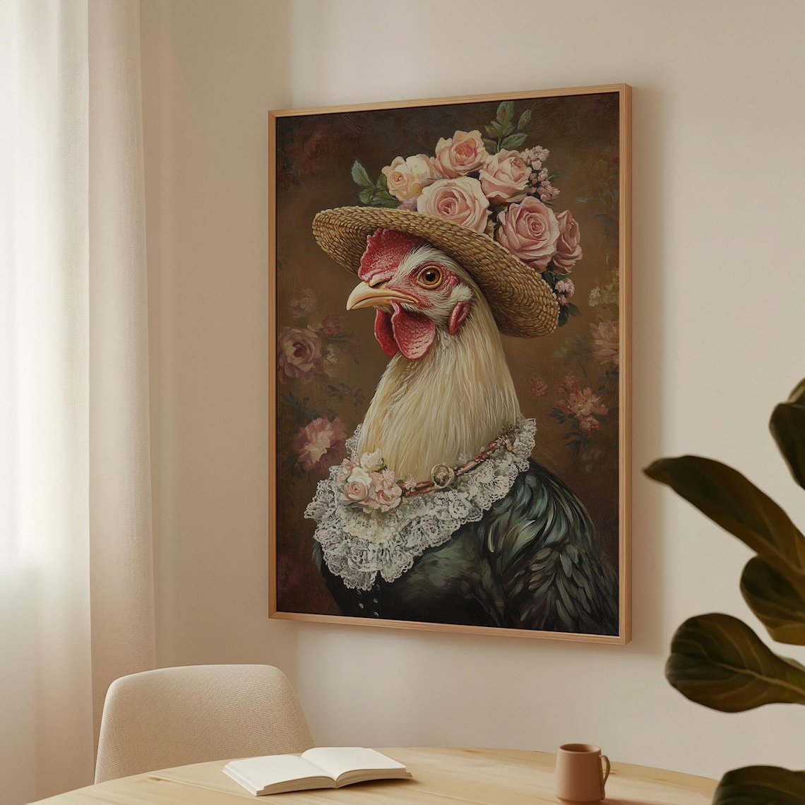 Whimsical Chicken in Floral Hat, Farmhouse Art Print