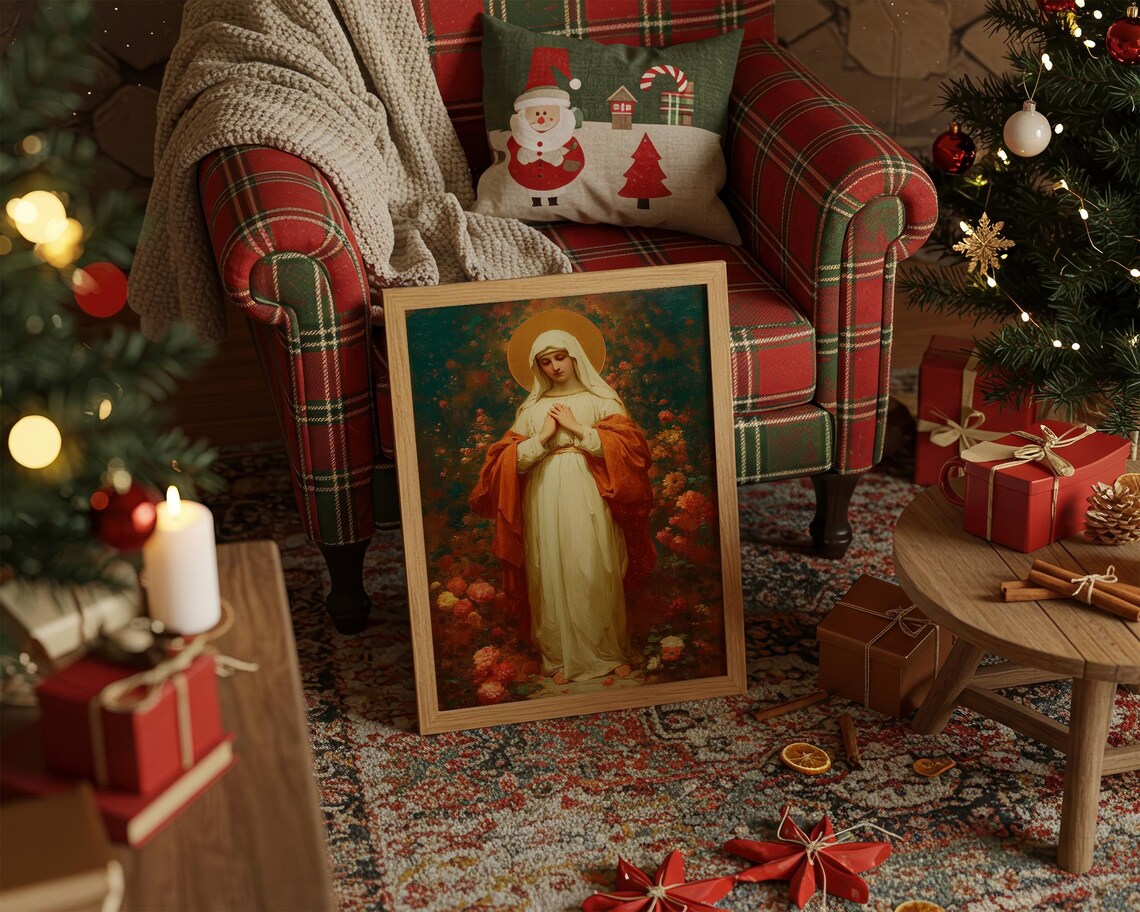 Virgin Mary In Prayer With Golden Halo Classic Catholic Painting Poster