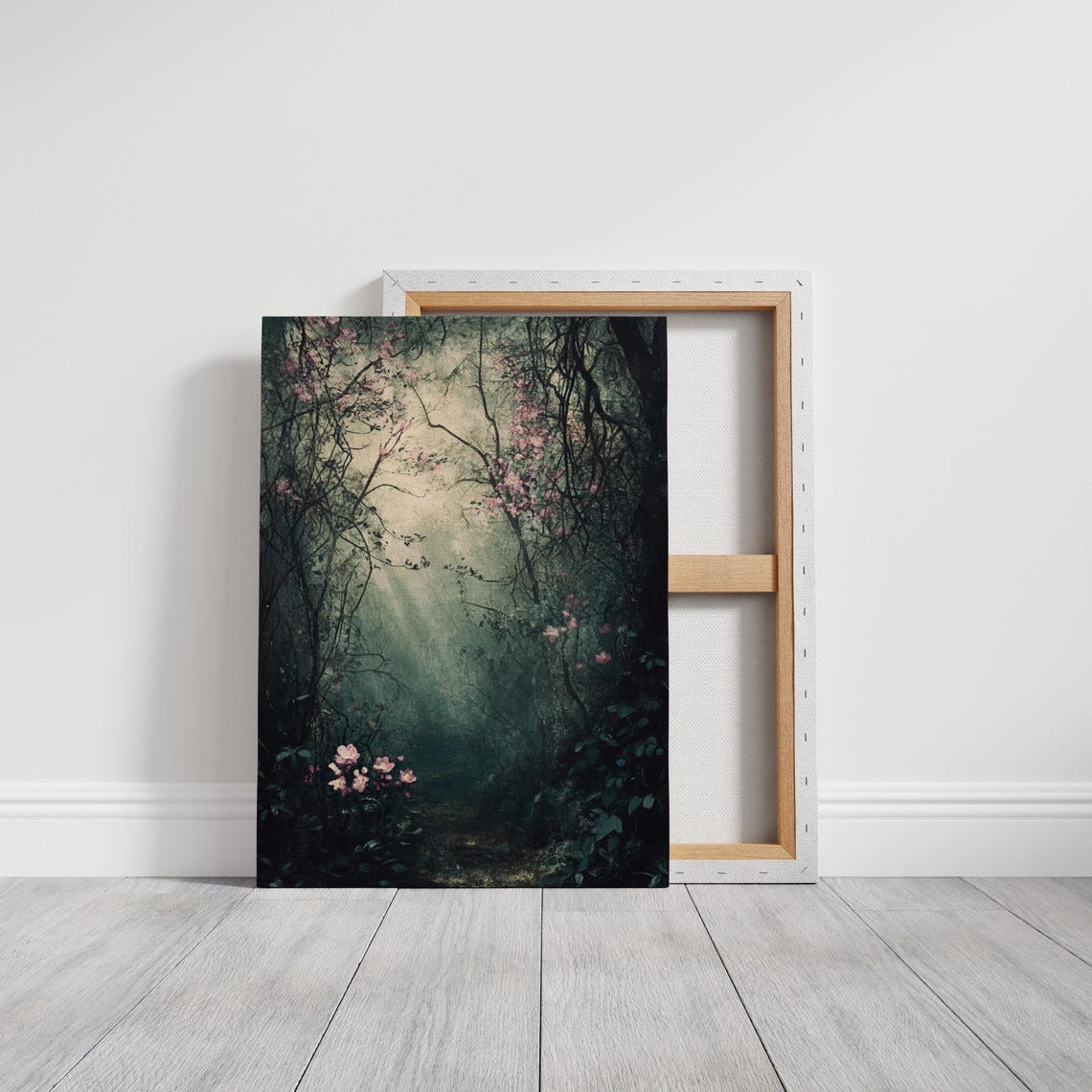 Enchanted Dark Forest Path With Pink Blossoms Mystical Green Wall Art - Image 3