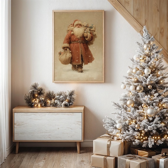 Vintage Santa Claus Carrying Sack of Gifts in the Snow Poster