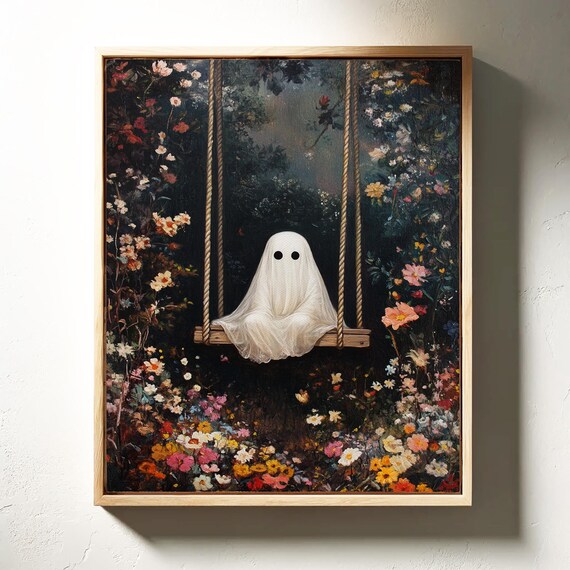 Whimsical Ghost On Swing In Vibrant Flower Garden Dreamy Halloween Wall Poster