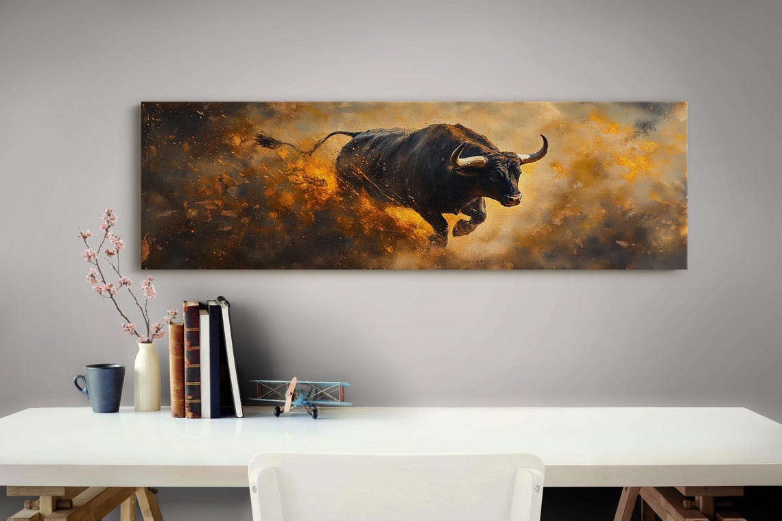 Charging Bull Art Fiery Animal Wall Decor With Bold Energy Dynamic Wildlife Painting For Strength Rustic Charm - Image 5