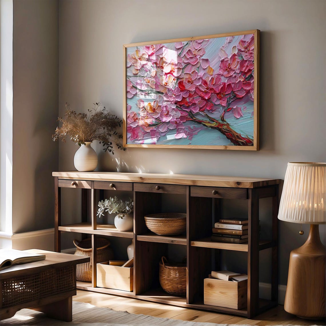 Pink Cherry Blossoms Impasto Oil Painting On Blue Background Poster