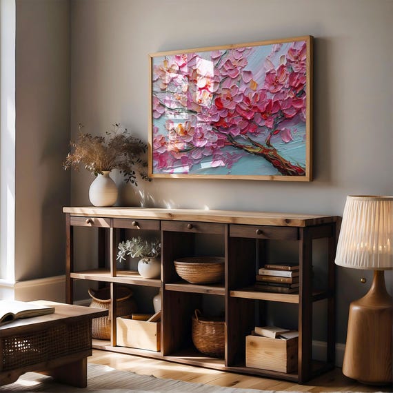 Textured Cherry Blossom Canvas Pink Flower Impasto Painting Spring Floral Wall Art Blossoming Branch Abstract Texture Print Decor