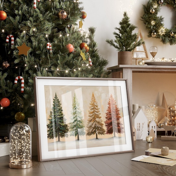 Four Seasons Pine Tree Canvas Wall Art Winter Spring Autumn Summer Landscape Painting Rustic Farmhouse Nature Seasonal Dcor Print