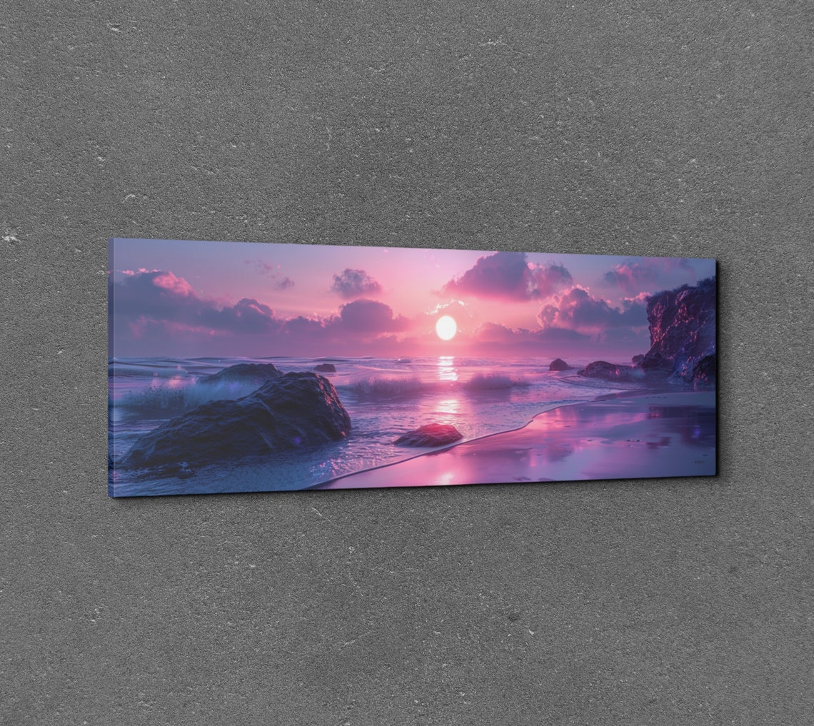 Pink Sunset Over Rocky Beach Purple Ocean Waves Panorama Wall Art - Image 7